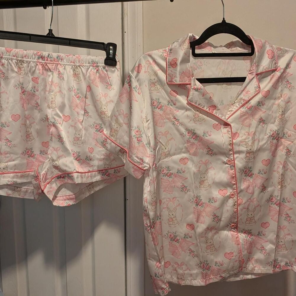 Pink and white bunny pajama set with pink bunnies